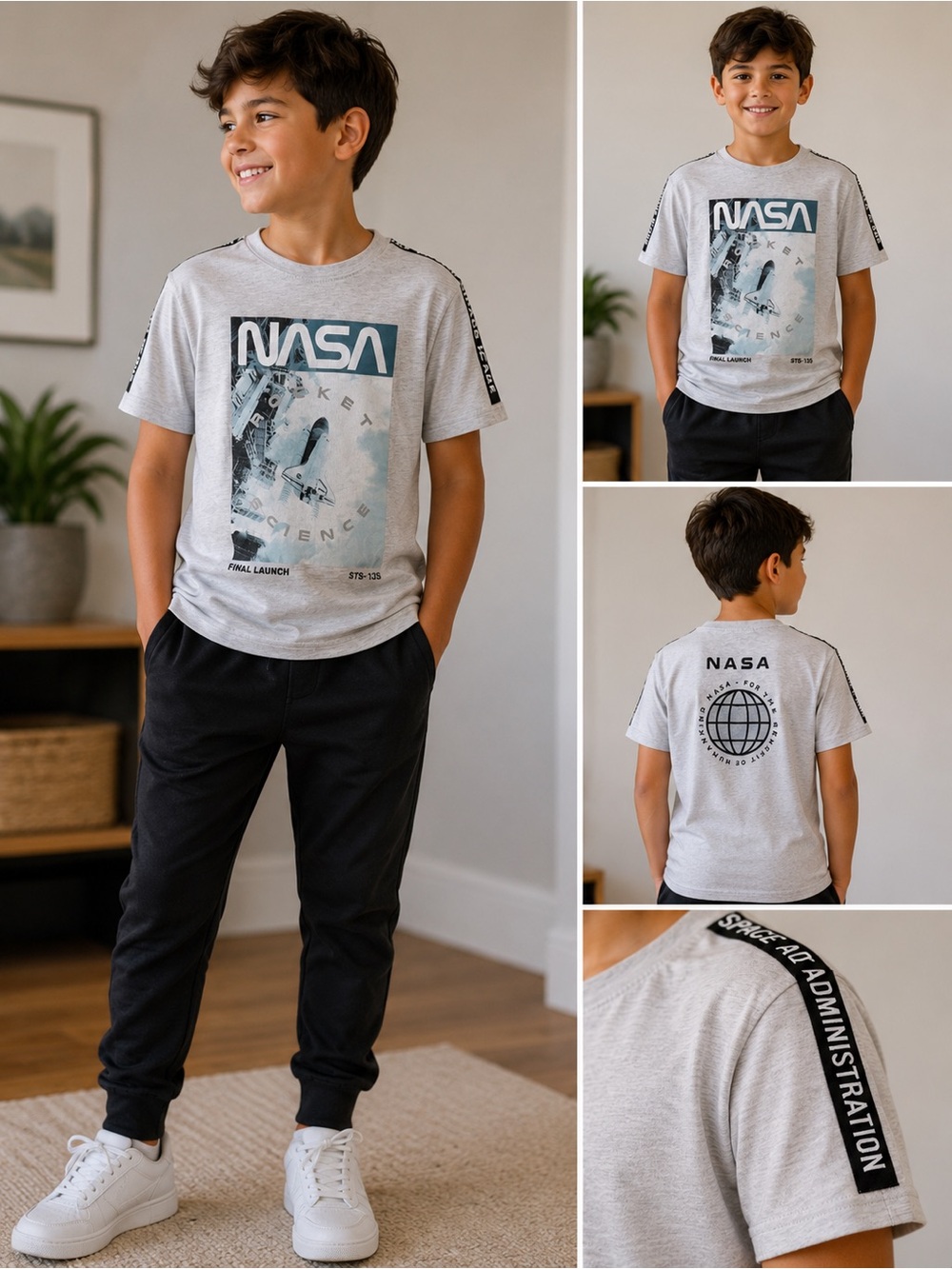 NASA Boys Size 9/10 Gray STS-135 Final Launch Rocket Science Graphic T-Shirt
